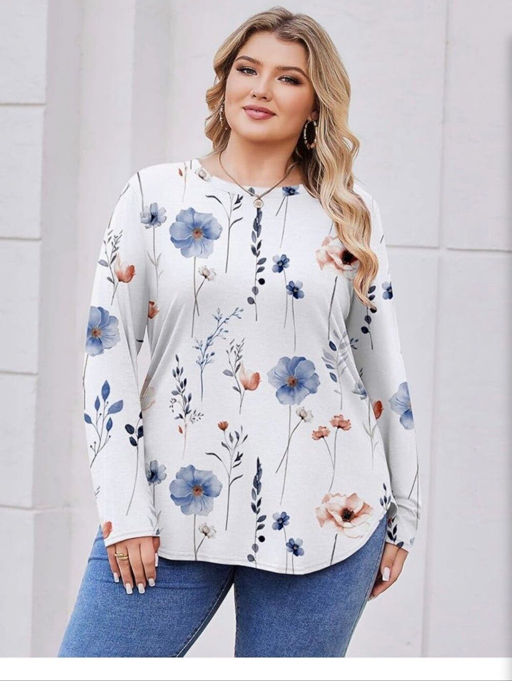 IN'VOLAND Plus Size Long Sleeve Blouse - White with Blue & Pink Floral